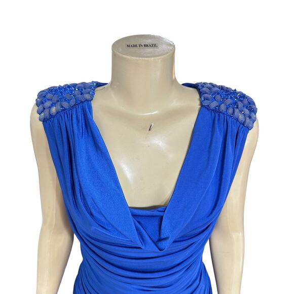 Tadashi Shoji Womens Cowl Neck Party Dress Y2K Blue Beaded Ruched Sleeveless - Picture 4 of 16